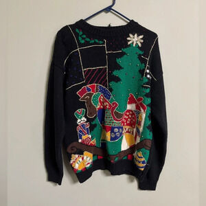 Vintage 90s Black Graphic Knit Embellished Ugly Christmas Sweater Size Large